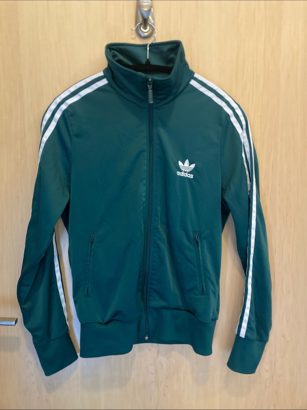 Adidas Dark Green Track Jacket with White Stripes - medium (women)
